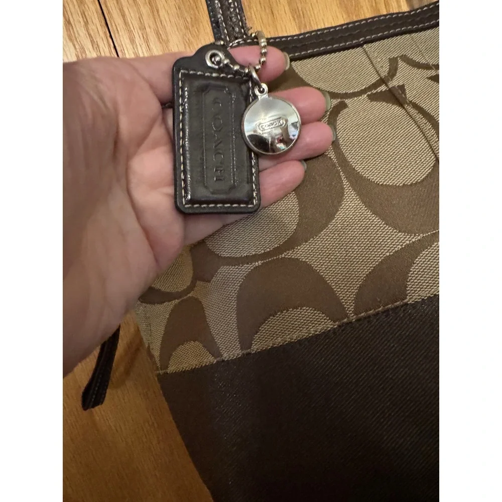 Coach Signature Jacquard Tote‎ Bag Khaki Brown Leather Trim Large Shoulder Bag